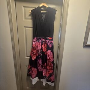 Sleeveless Black Midi Dress with Pink Floral Skirt